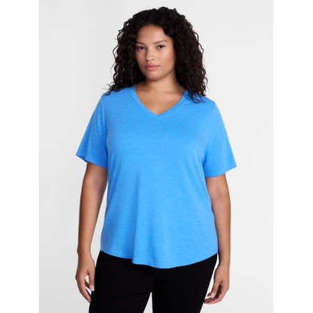 Terra & Sky Women's Plus Size V Neck Tee with Short Sleeves, Size 0X-5X