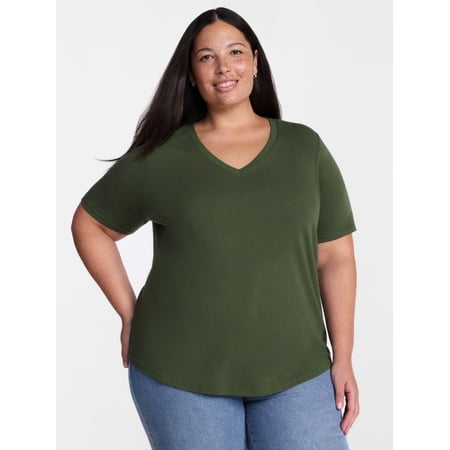 Terra & Sky Women's Plus Size V Neck Tee with Short Sleeves, Size 0X-5X