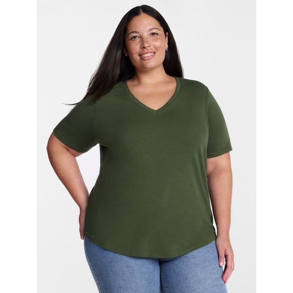 Terra & Sky Women's Plus Size V Neck Tee with Short Sleeves, Size 0X-5X
