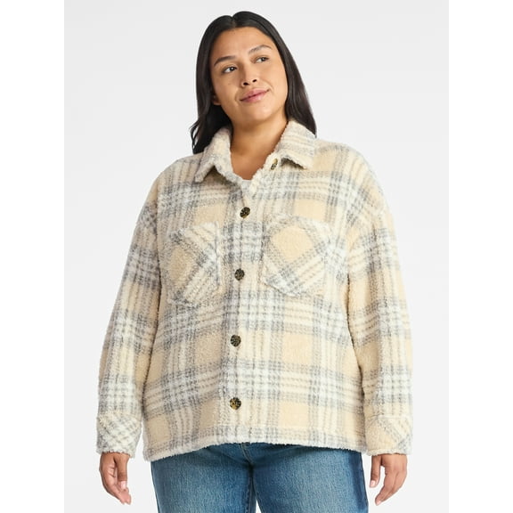 Terra & Sky Women's Plus Size Cozy Button Front Shacket with Long Sleeves, Sizes 0X-5X