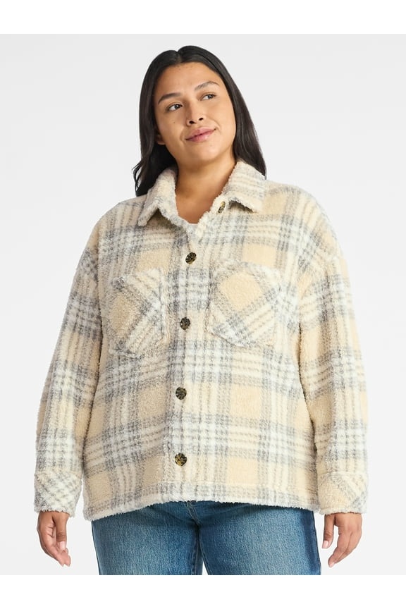 Women's Plus Size Cozy Button Front Shacket with Long Sleeves, Sizes 0X-5X