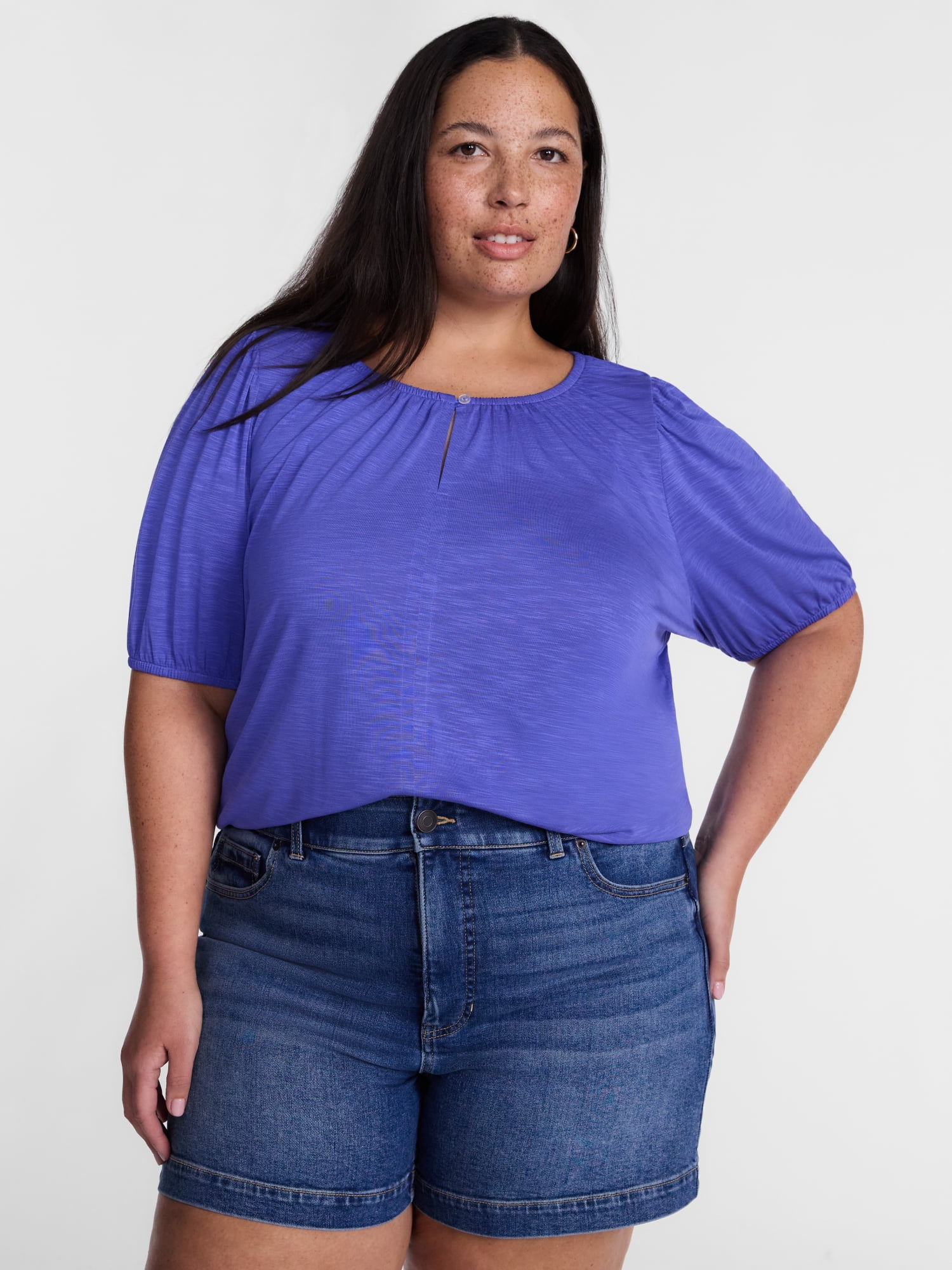 Terra & Sky Women's Plus Scoop Neck Top with Short Puff Sleeves, Sizes 0X-5X