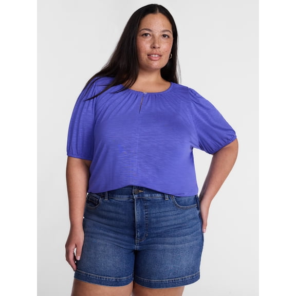 Terra & Sky Women's Plus Scoop Neck Top with Short Puff Sleeves, Sizes 0X-5X