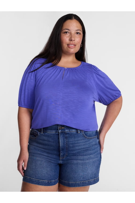 Women's Plus Scoop Neck Top with Short Puff Sleeves, Sizes 0X-5X