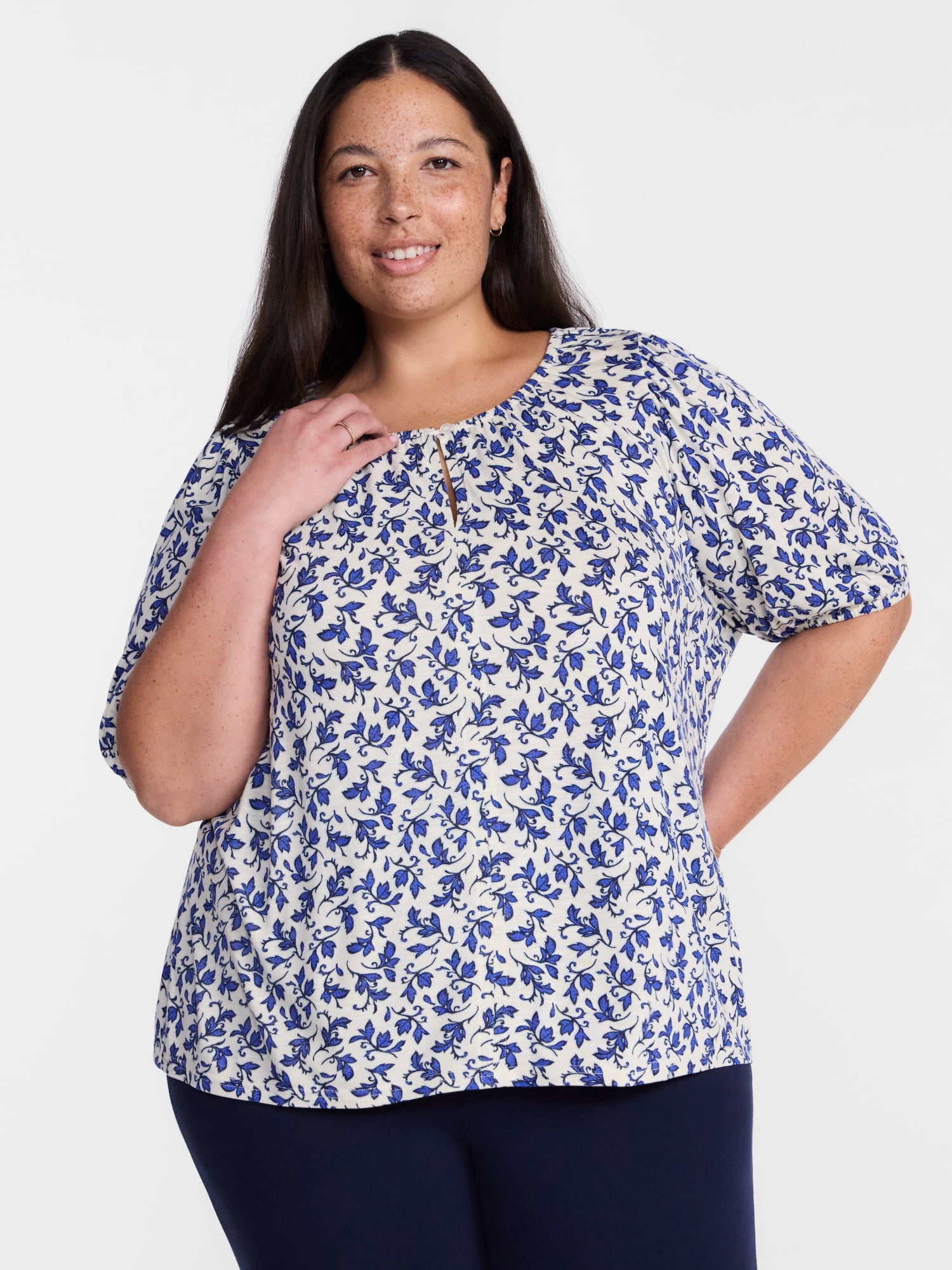 Terra & Sky Women's Plus Scoop Neck Top with Short Puff Sleeves, Sizes 0X-5X