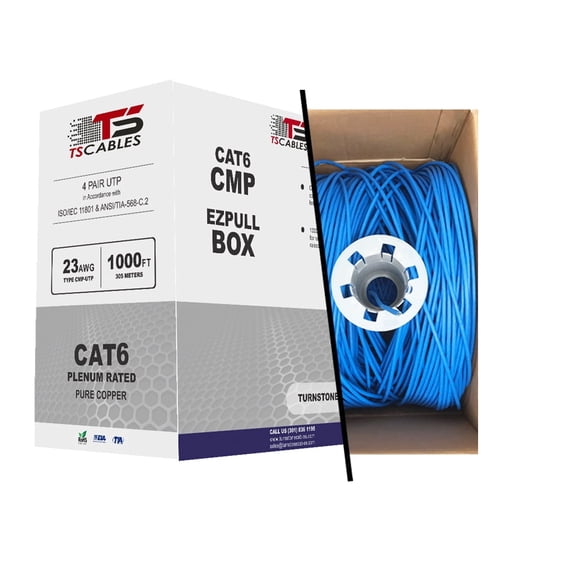 TS Cables Cat6 Plenum Solid Pure Copper 550 Mhz 23 AWG Cable Blue