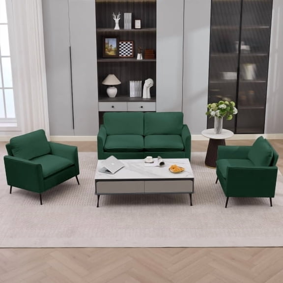 TS Cat Paw Faux Leather 4-Piece Sofa Set Nordic Retro Light Luxury Loveseat + 2 Single Chairs for Living Room, Balcony, Bedroom, Green, Metal Frame, Pillow Back, Easy Assembly