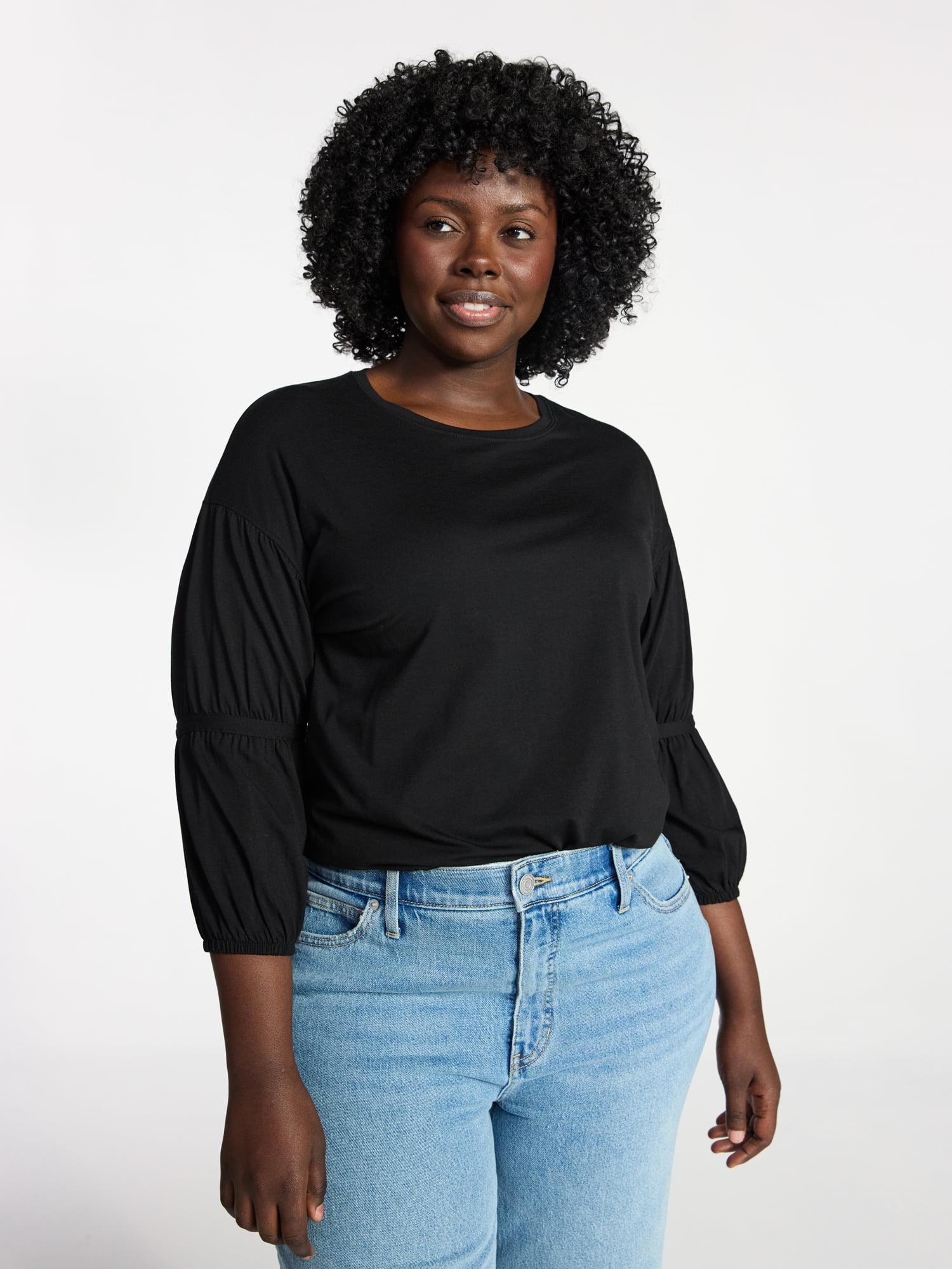 Terra & Sky Women's Plus Size Double Blouson Top with 3/4-Length Sleeves, Sizes 0X-5X