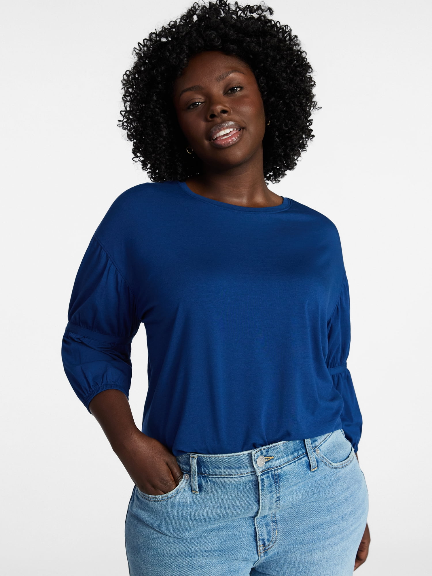 Terra & Sky Women's Plus Size Double Blouson Top with 3/4-Length Sleeves, Sizes 0X-5X