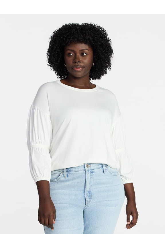 Women's Plus Size Double Blouson Top with 3/4-Length Sleeves, Sizes 0X-5X