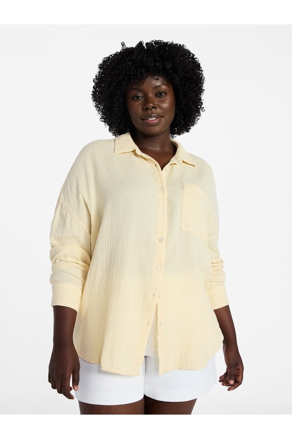 Women's Plus Size Double Cloth Boyfriend Shirt, Sizes 0X-5X