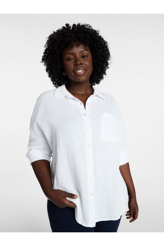 Women's Plus Size Double Cloth Boyfriend Shirt, Sizes 0X-5X