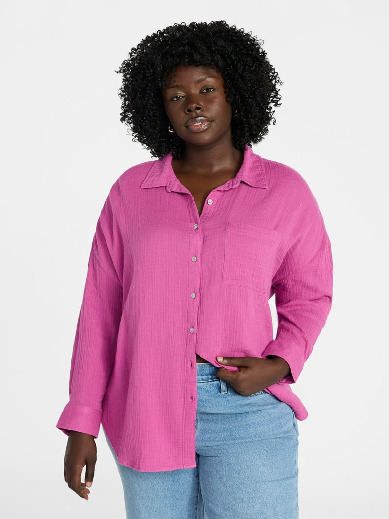 Terra & Sky Women's Plus Size Double Cloth Boyfriend Shirt, Sizes