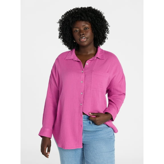 Terra & Sky Women's Plus Size Double Cloth Boyfriend Shirt, Sizes 0X-5X