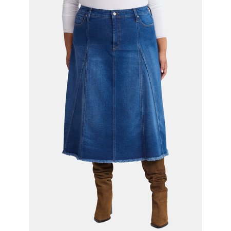 Terra & Sky Women's Plus Panel Denim Midi Skirt with Frayed Hem, Sizes 16W-24W