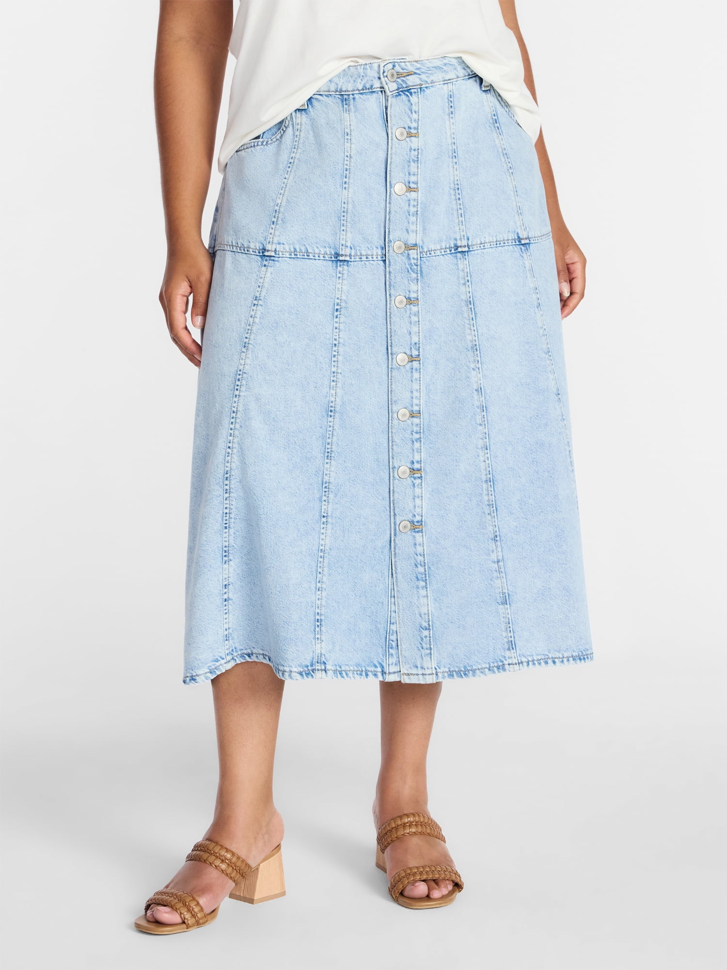 Terra & Sky Women's Plus Drapey Button Front Denim Skirt, Sizes 16W-24W