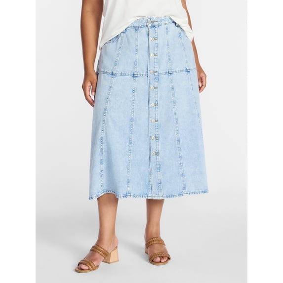 Terra & Sky Women's Plus Drapey Button Front Denim Skirt, Sizes 16W-24W