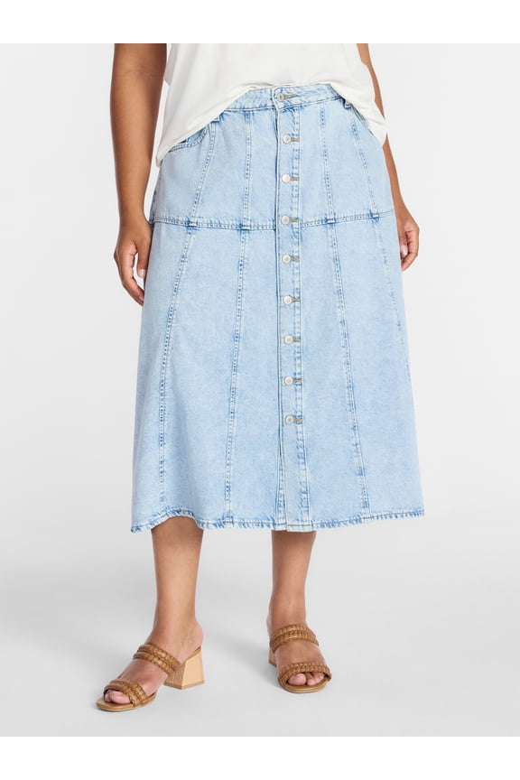 Women's Plus Drapey Button Front Denim Skirt, Sizes 16W-24W