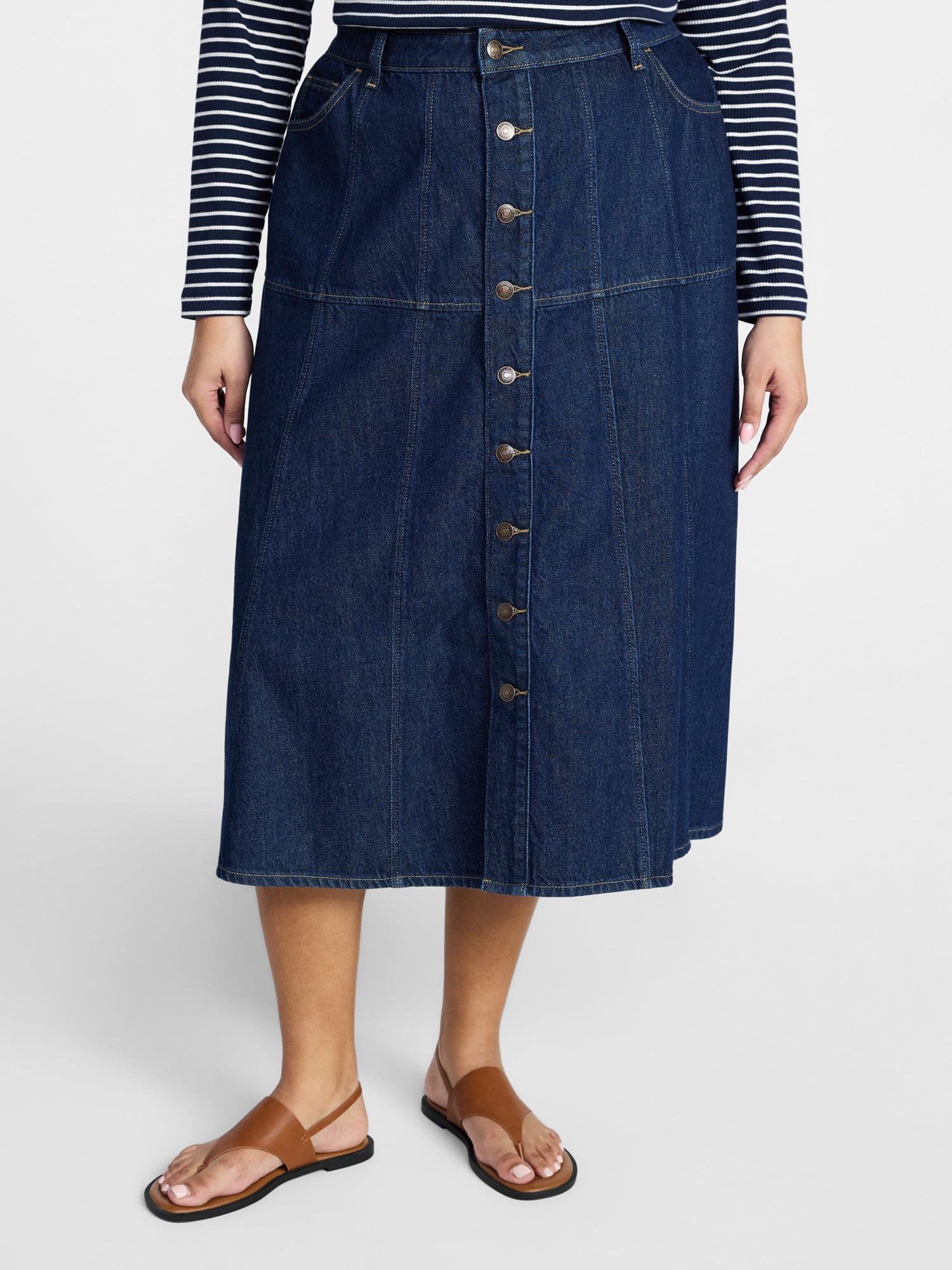 Terra & Sky Women's Plus Drapey Button Front Denim Skirt, Sizes 16W-24W