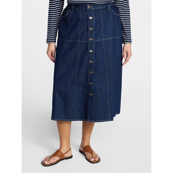 Terra & Sky Women's Plus Drapey Button Front Denim Skirt, Sizes 16W-24W
