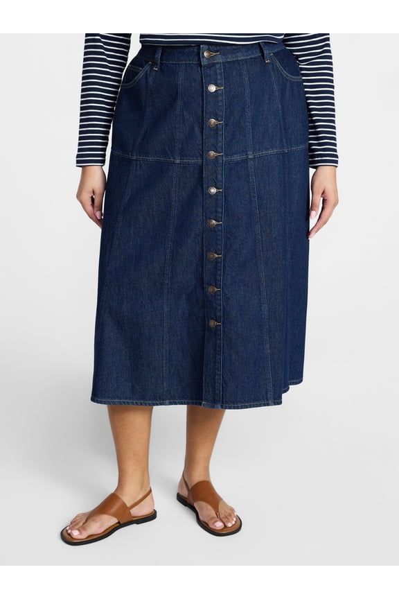 Women's Plus Size Drapey Button Front Denim Skirt, Sizes 16W-24W