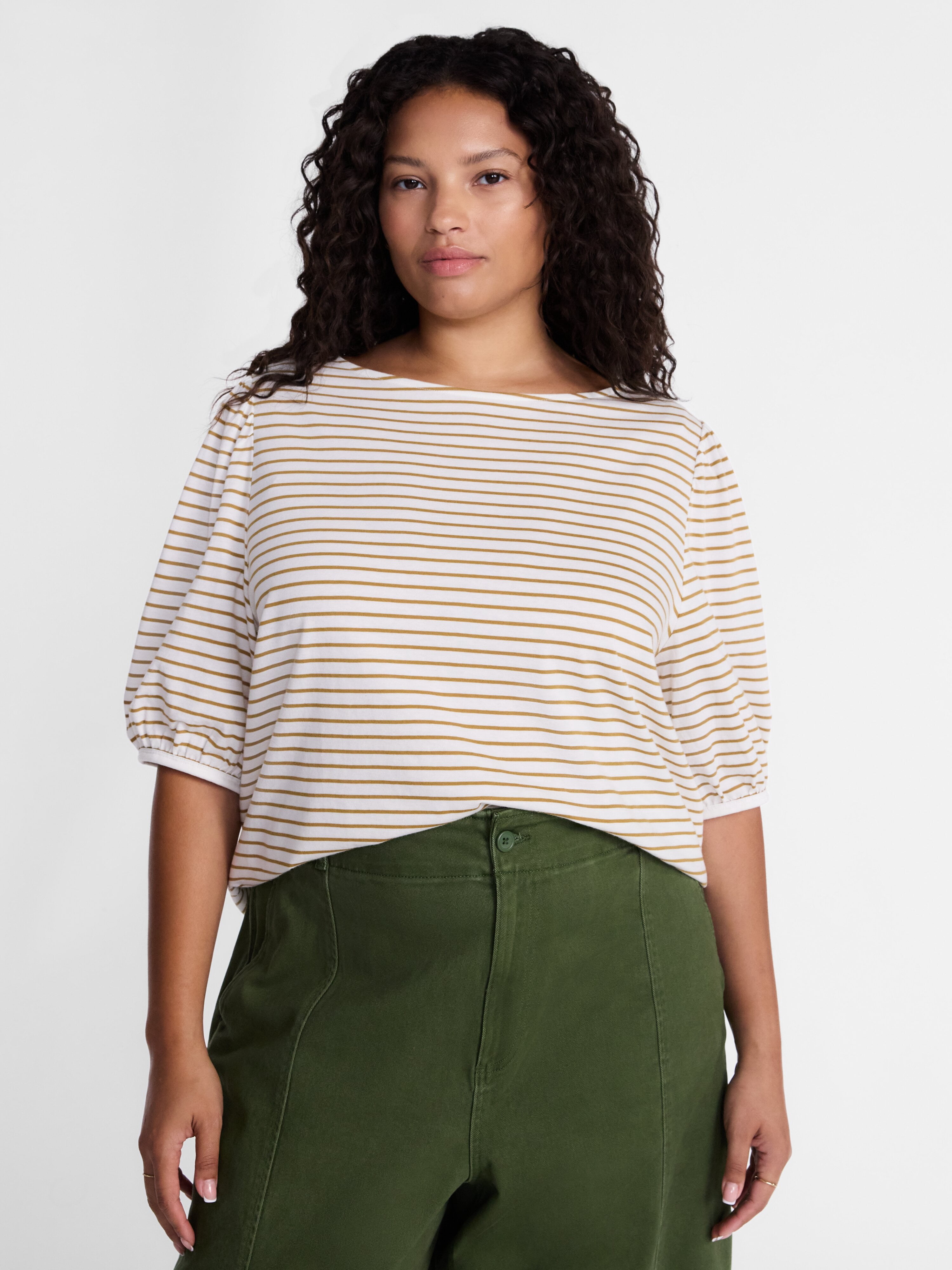 Terra & Sky Women’s Plus Dropped Shoulder Top with Elbow Length Puff Sleeves, Sizes 0X-5X