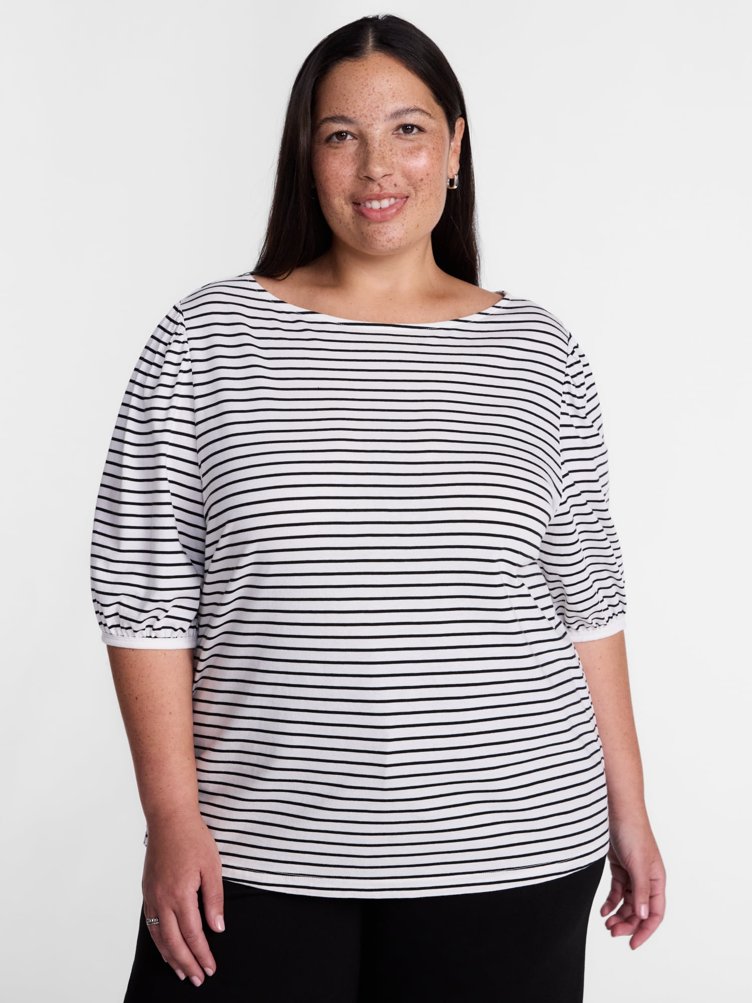 Terra & Sky Women’s Plus Dropped Shoulder Top with Elbow Length Puff Sleeves, Sizes 0X-5X