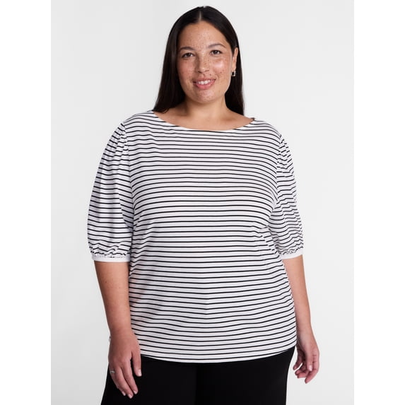 Terra & Sky Women’s Plus Dropped Shoulder Top with Elbow Length Puff Sleeves, Sizes 0X-5X