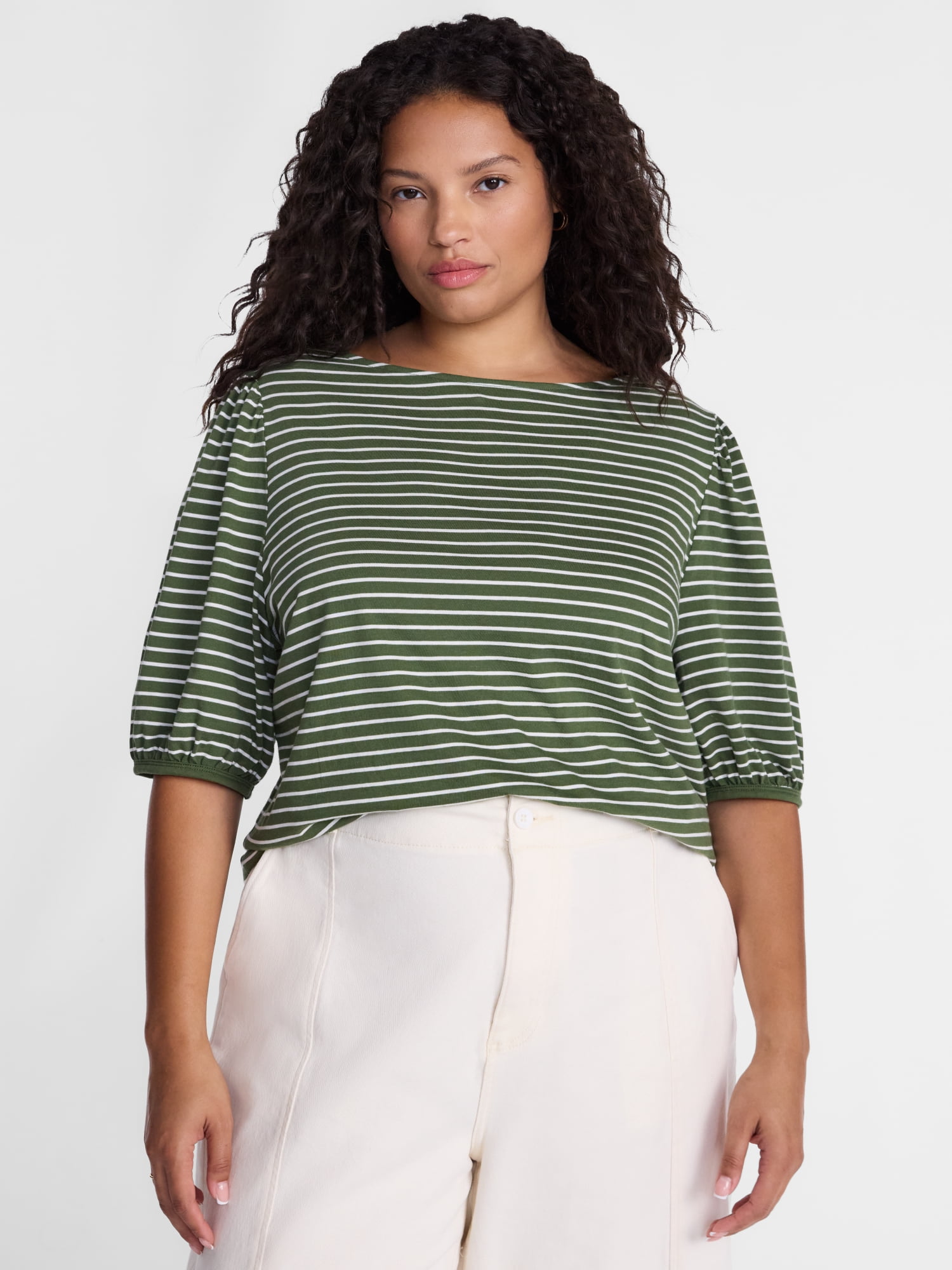 Terra & Sky Women’s Plus Dropped Shoulder Top with Elbow Length Puff Sleeves, Sizes 0X-5X