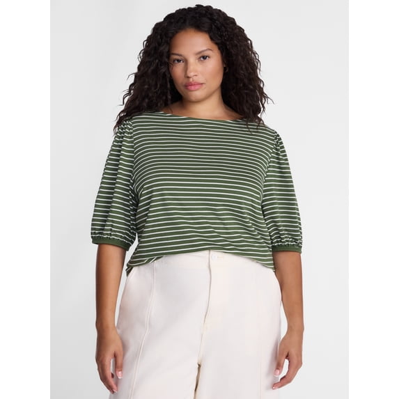 Terra & Sky Women’s Plus Dropped Shoulder Top with Elbow Length Puff Sleeves, Sizes 0X-5X