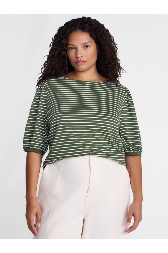 Women’s Plus Dropped Shoulder Top with Elbow Length Puff Sleeves, Sizes 0X-5X