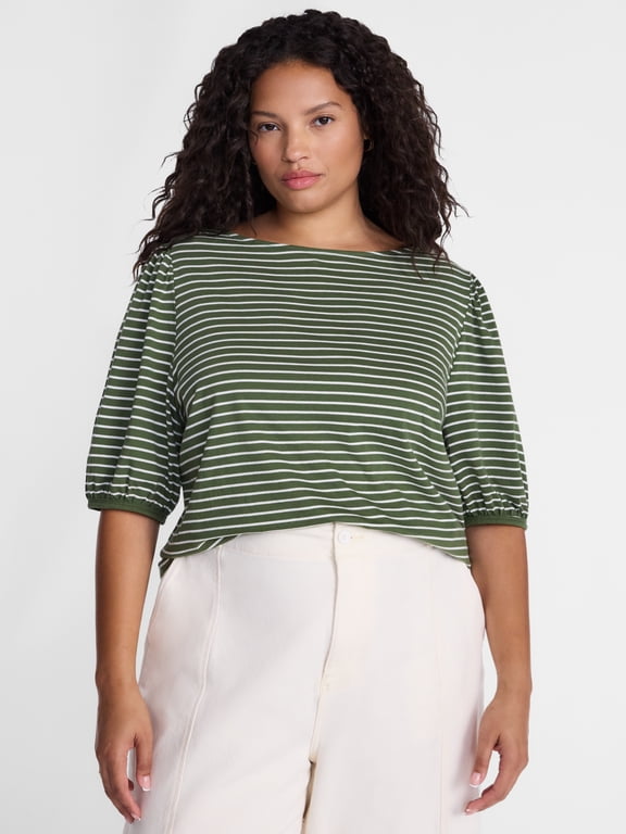 Women’s Plus Dropped Shoulder Top with Elbow Length Puff Sleeves, Sizes 0X-5X