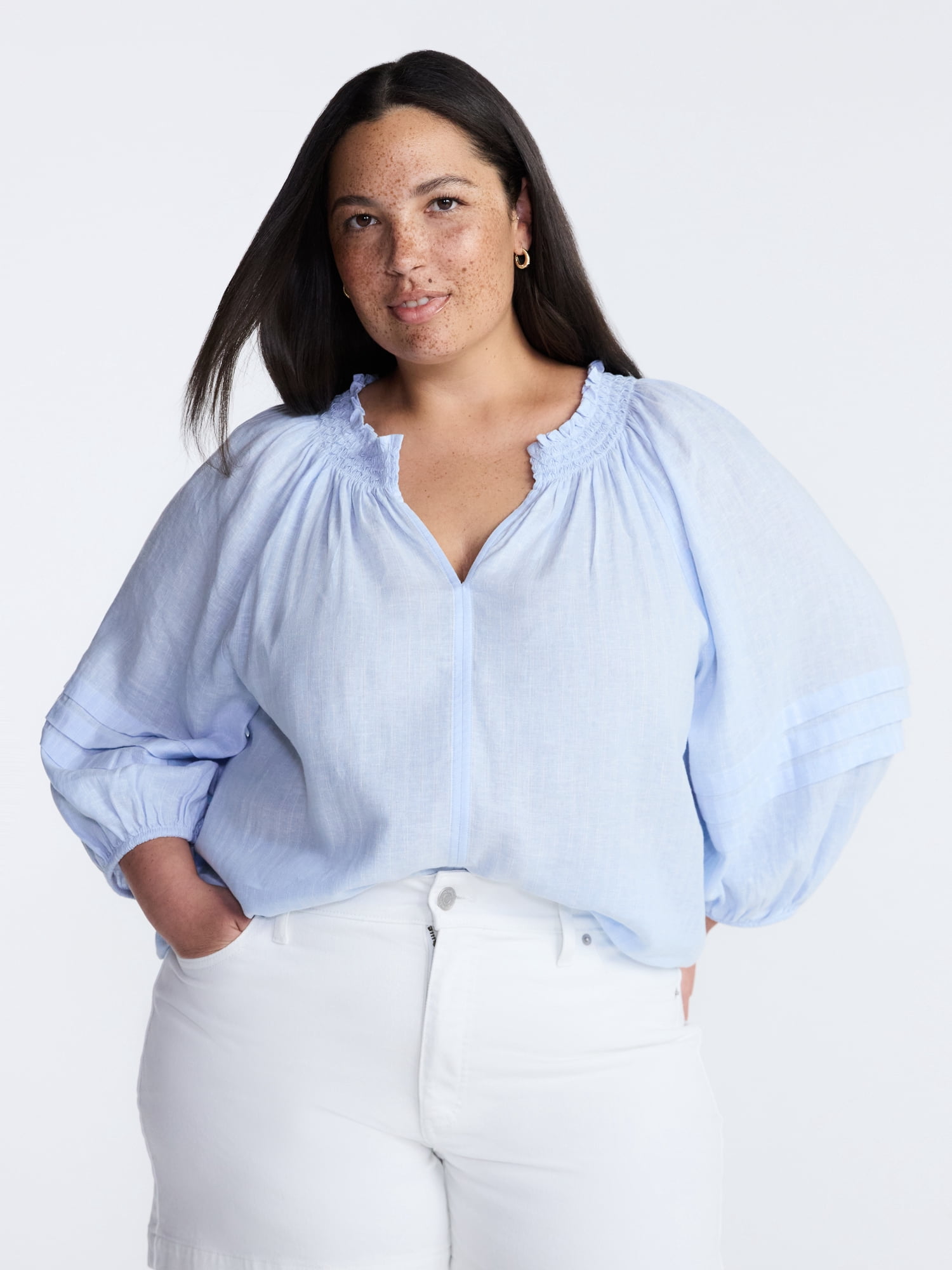 Terra & Sky Women’s Plus Linen Blend Blouse with Elbow Length Puff Sleeves, Sizes 0X-5X