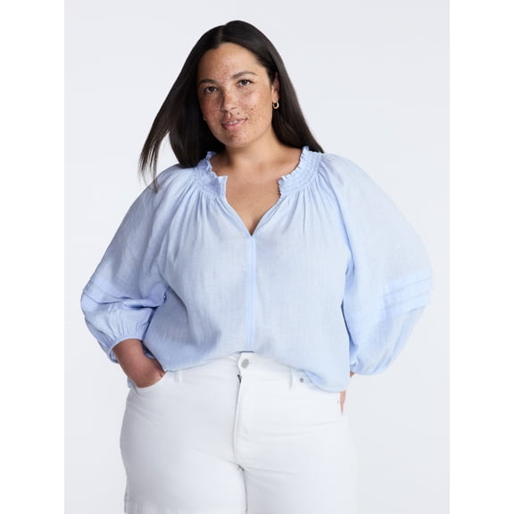 Terra & Sky Women’s Plus Linen Blend Blouse with Elbow Length Puff Sleeves, Sizes 0X-5X