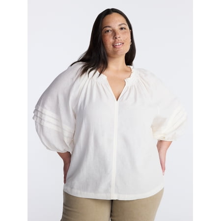 Terra & Sky Women’s Plus Linen Blend Blouse with Elbow Length Puff Sleeves, Sizes 0X-5X