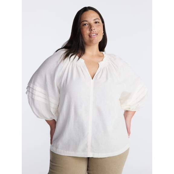 Terra & Sky Women’s Plus Linen Blend Blouse with Elbow Length Puff Sleeves, Sizes 0X-5X