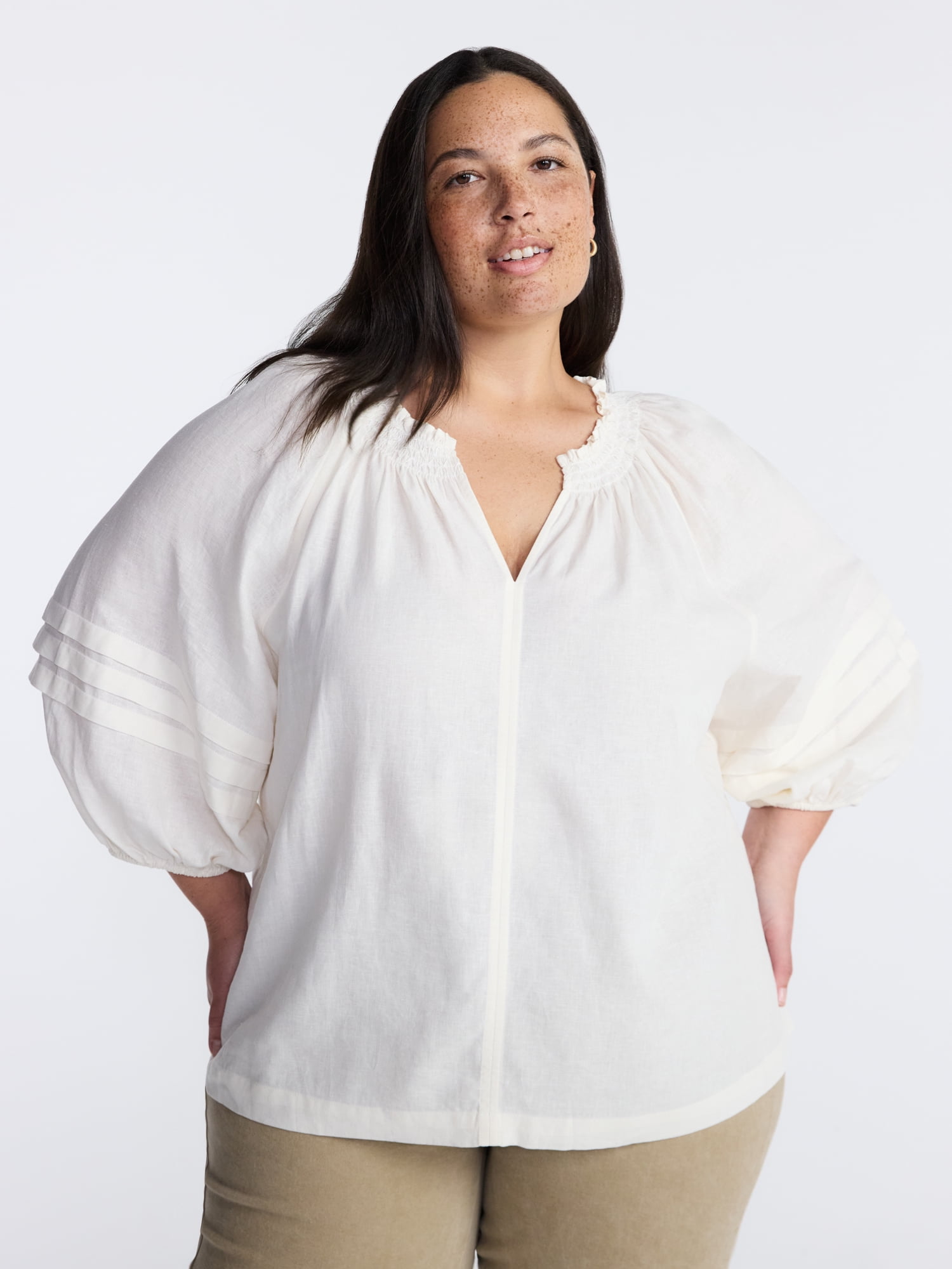 Terra & Sky Women's Plus Elbow Puff Sleeve Blouse, Sizes 0X-5X