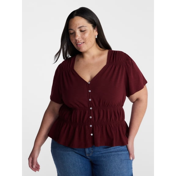 Terra & Sky Women’s Plus Femme V Neck Smocked Top with Short Flutter Sleeves, Sizes 0X-5X