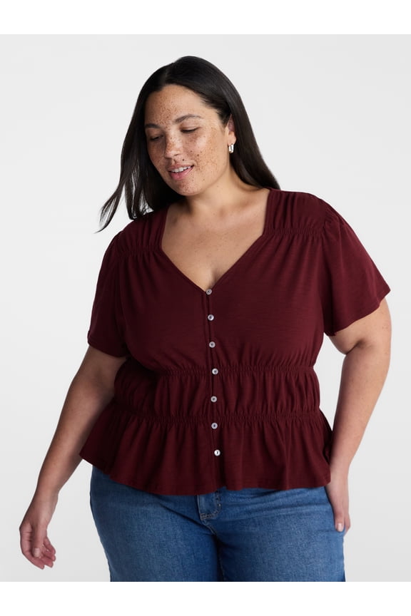 Women’s Plus Femme V Neck Smocked Top with Short Flutter Sleeves, Sizes 0X-5X