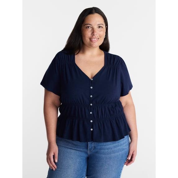 Terra & Sky Women’s Plus Femme V Neck Smocked Top with Short Flutter Sleeves, Sizes 0X-5X