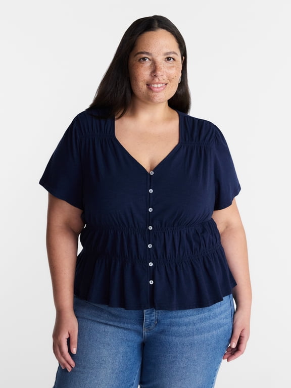 Women’s Plus Femme V Neck Smocked Top with Short Flutter Sleeves, Sizes 0X-5X