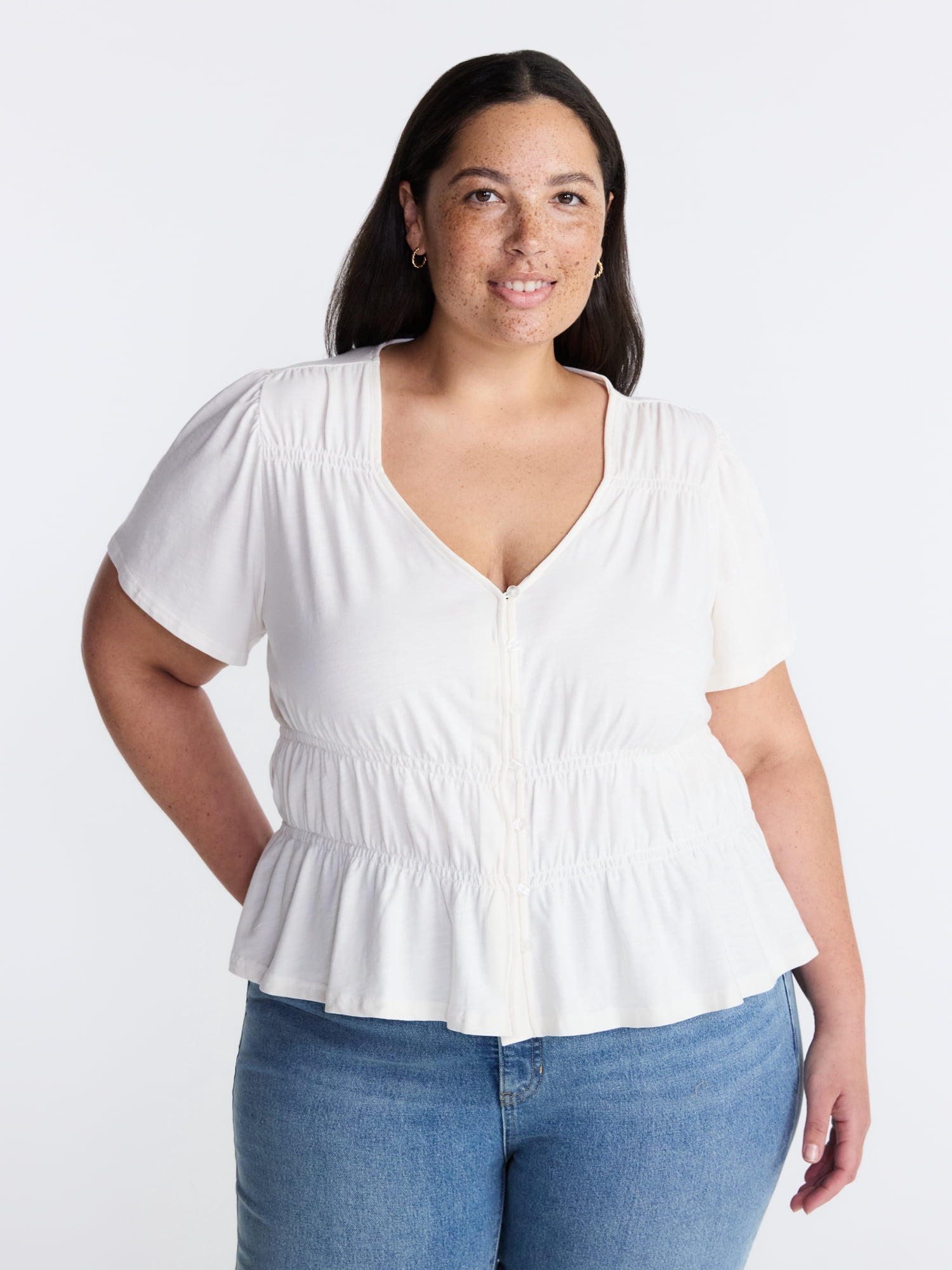 Terra & Sky Women's Plus Femme V Neck Smocked Top with Short