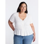Terra & Sky Women s Plus Femme V Neck Smocked Top with Short Flutter Sleeves, Sizes 0X-5X
