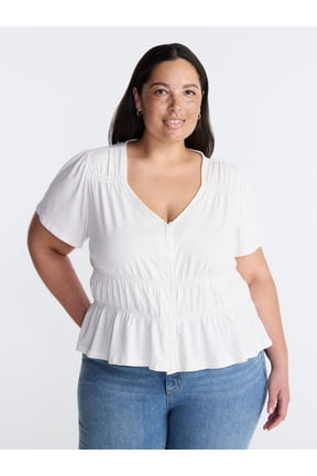 Women’s Plus Femme V Neck Smocked Top with Short Flutter Sleeves, Sizes 0X-5X