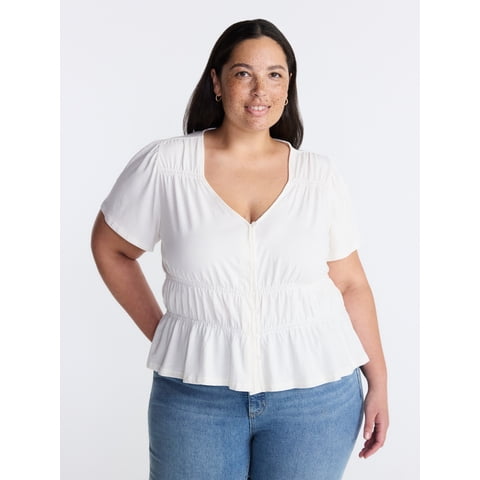 Women’s Plus Femme V Neck Smocked Top with Short Flutter Sleeves, Sizes 0X-5X