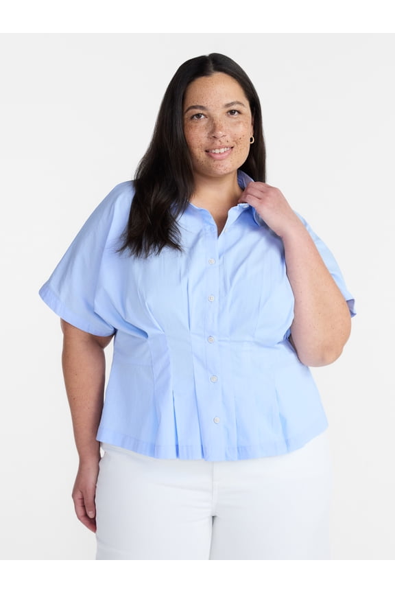 Fit and Flare Blouse with Short Sleeves, Sizes 0X-5X