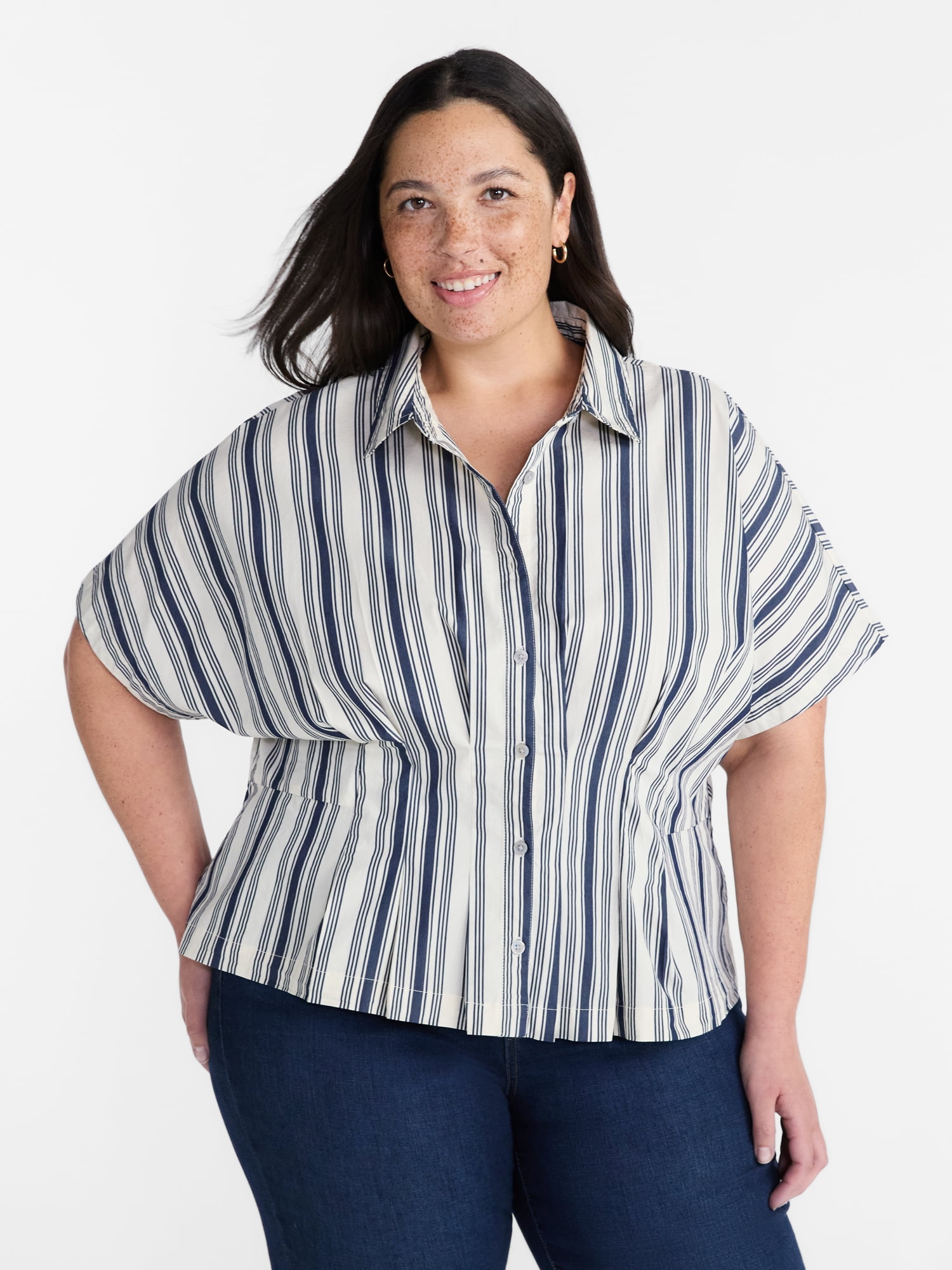 Terra & Sky Fit and Flare Blouse with Short Sleeves, Sizes 0X-5X