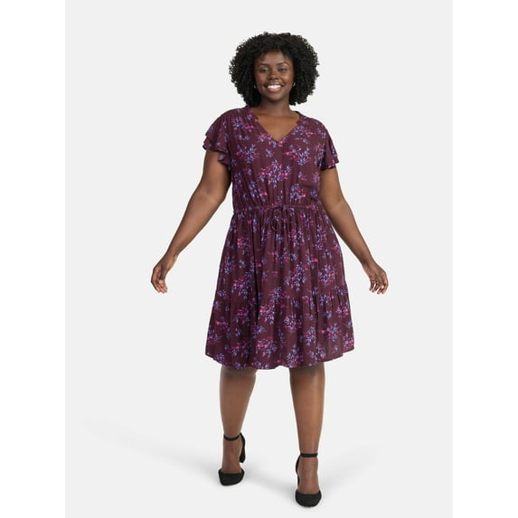 Terra & Sky Women's Plus Size Mini Dress with Flutter Sleeves, Sizes 0X-5X