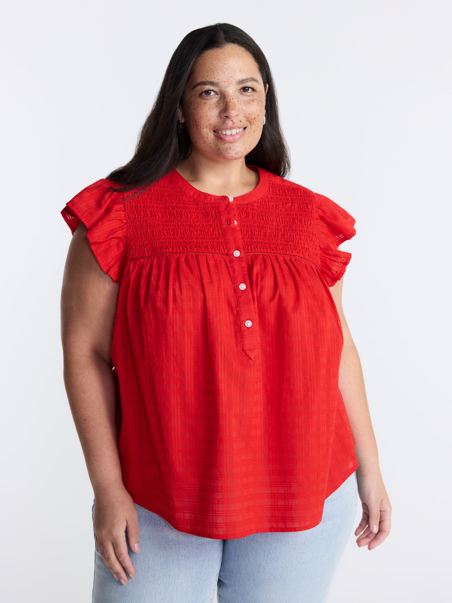 Terra & Sky Women’s Smocked Yoke Blouse with Flutter Sleeves, Sizes 0X-5X