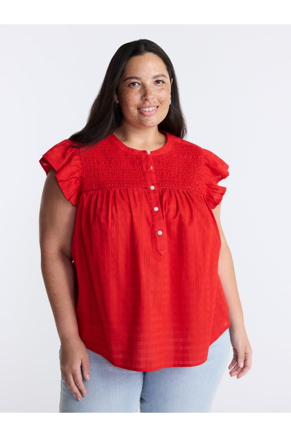 Women’s Smocked Yoke Blouse with Flutter Sleeves, Sizes 0X-5X